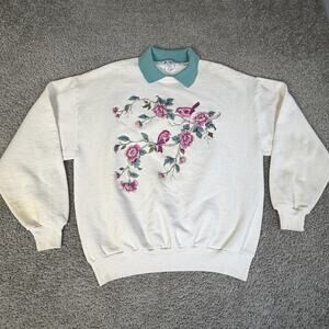 VTG Cracker Barrel Sweatshirt Womens XL White Floral Bird Collared Fleece USA